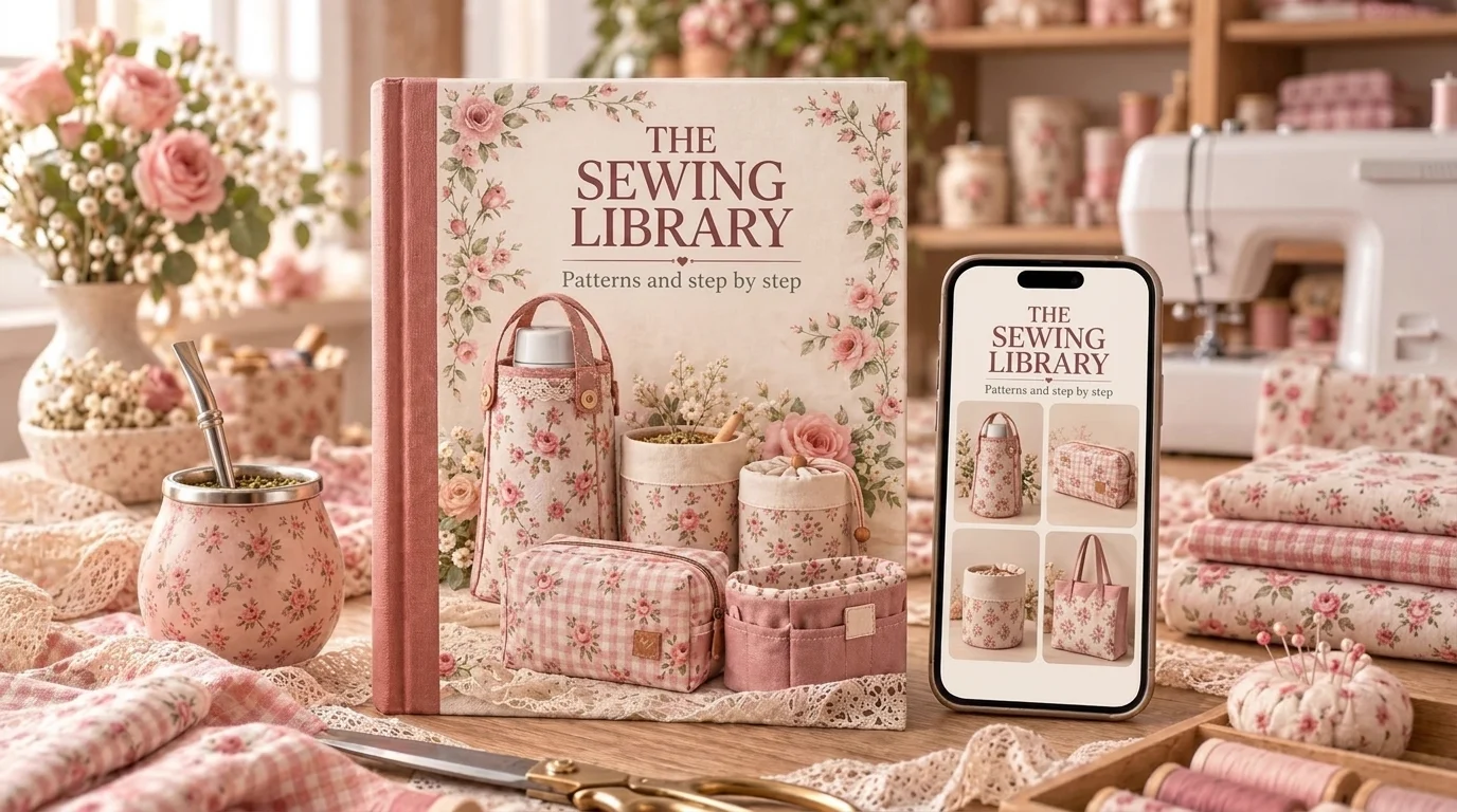 Editorial presentation of The Sewing Library with a book, phone and fabric accessories